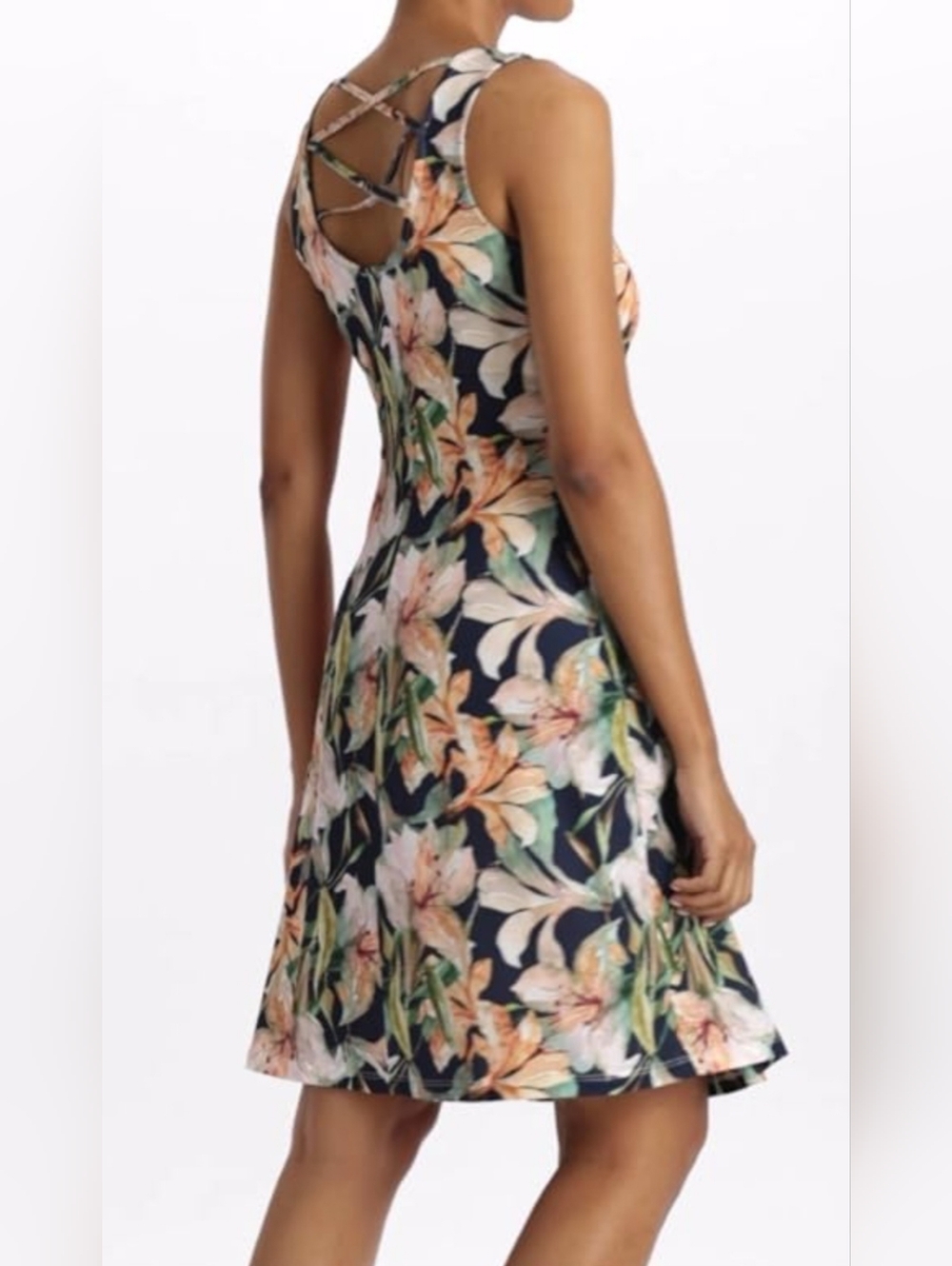 Backless Navy Floral Fit-and-Flare Dress with Lattice Back